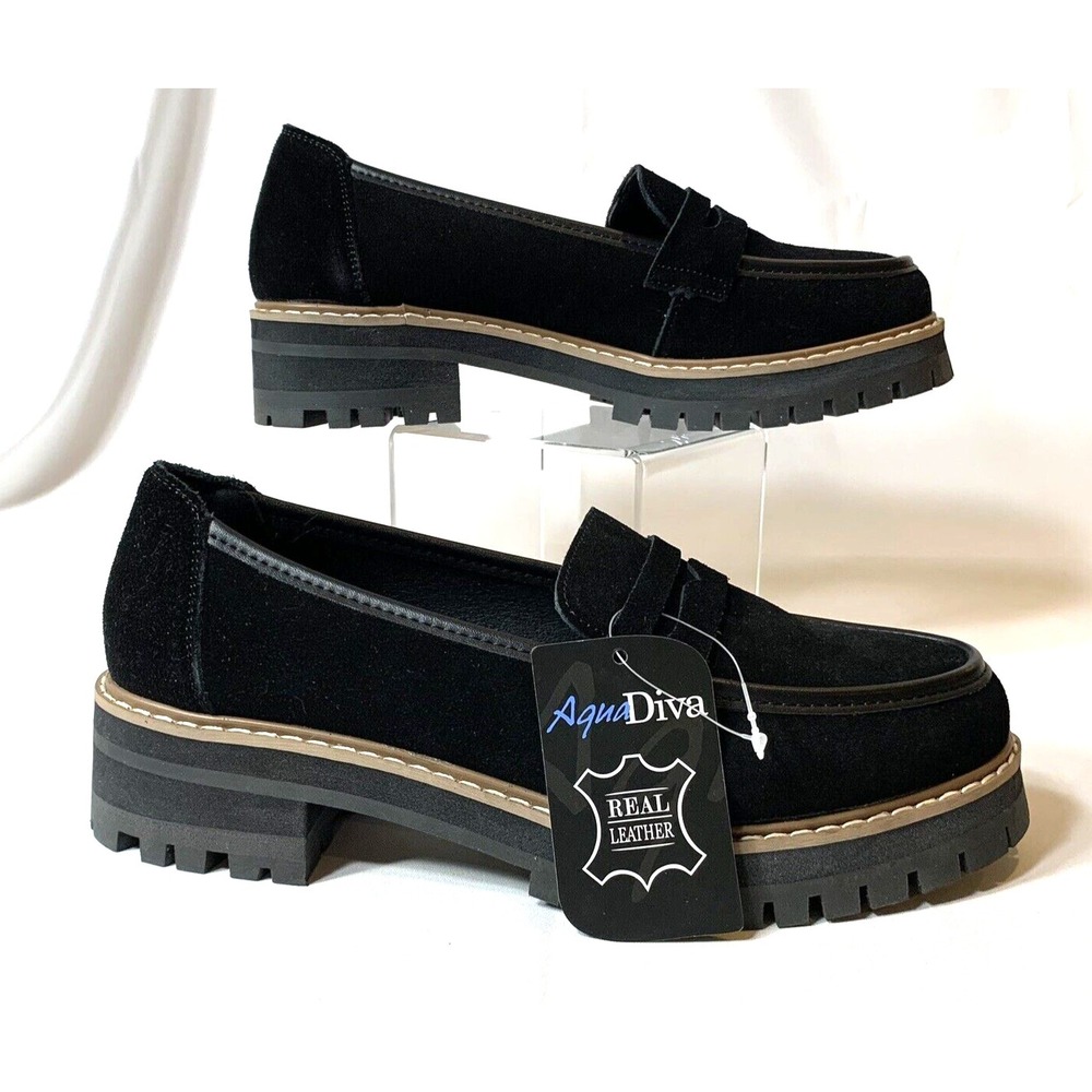 NEW AquaDiva Loafers Womens 39‎ Leather Suede Black Lug Sole AD1572 wTAG